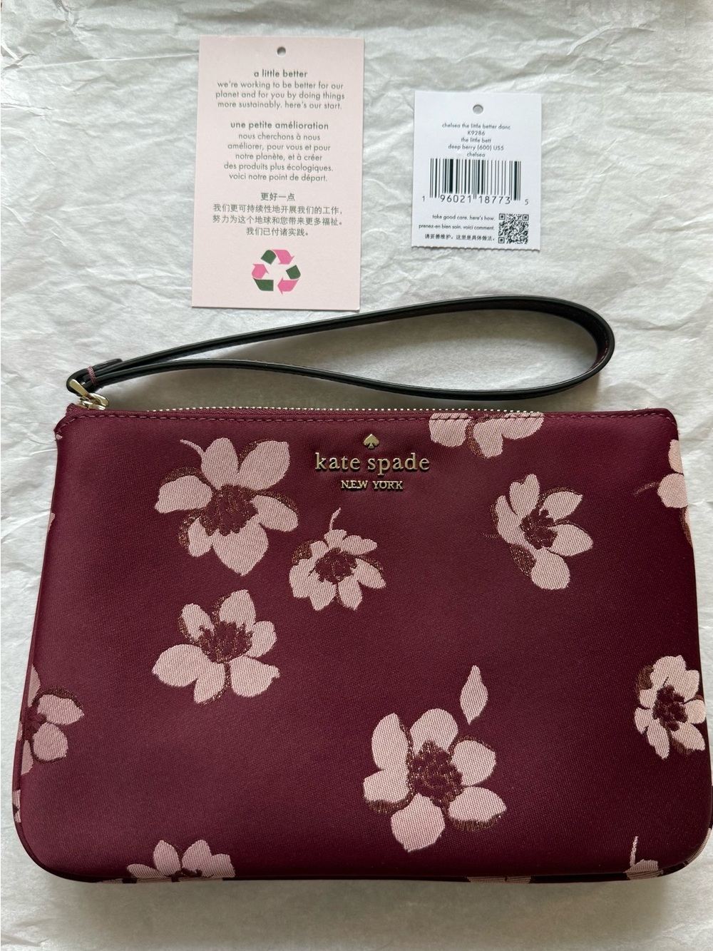 kate spade Burgundy Floral Wristlet with Pale Pink Blooms
